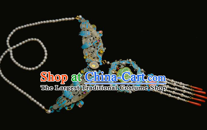 China Traditional Jade Carving Necklace Jewelry Accessories Qing Dynasty Pearls Tassel Necklet Pendant
