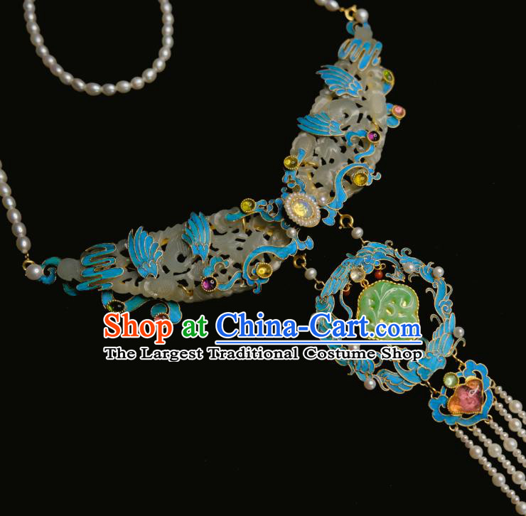 China Traditional Jade Carving Necklace Jewelry Accessories Qing Dynasty Pearls Tassel Necklet Pendant