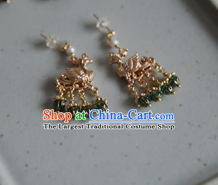 Chinese Ancient Queen Golden Phoenix Ear Jewelry Traditional Ming Dynasty Green Beads Tassel Earrings Accessories