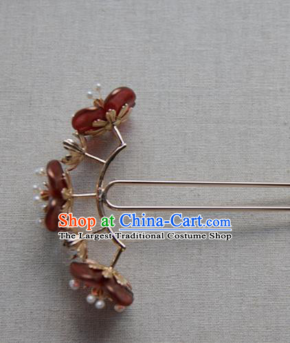 Chinese Traditional Hanfu Pearls Hair Stick Ancient Song Dynasty Princess Red Flowers Hairpin