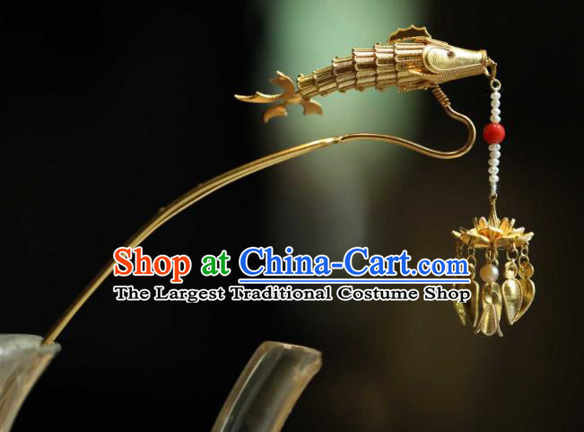 Chinese Handmade Hair Accessories Ancient Empress Golden Lotus Fish Hair Stick Traditional Pearls Tassel Hairpin