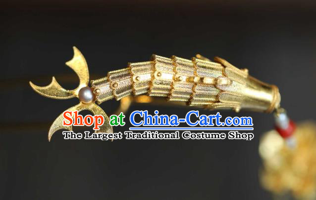 Chinese Handmade Hair Accessories Ancient Empress Golden Lotus Fish Hair Stick Traditional Pearls Tassel Hairpin