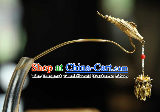 Chinese Handmade Hair Accessories Ancient Empress Golden Lotus Fish Hair Stick Traditional Pearls Tassel Hairpin