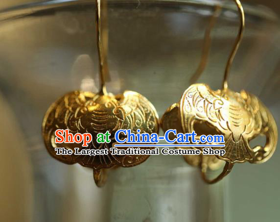 Chinese Traditional Ming Dynasty Court Golden Bat Earrings Accessories Ancient Empress Ear Jewelry