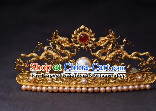 Chinese Ancient Queen Golden Dragons Hair Crown Traditional Ming Dynasty Empress Pearls Hairpin
