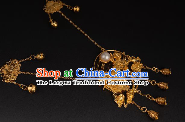 China Traditional Song Dynasty Golden Tassel Necklace Jewelry Accessories National Carving Kylin Necklet Pendant