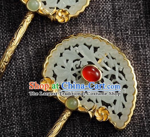 Chinese Ancient Court Empress Golden Hair Sticks Traditional Ming Dynasty Jade Hairpins