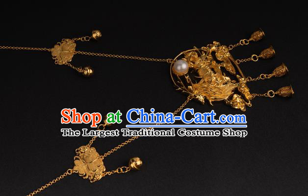 China Traditional Song Dynasty Golden Tassel Necklace Jewelry Accessories National Carving Kylin Necklet Pendant