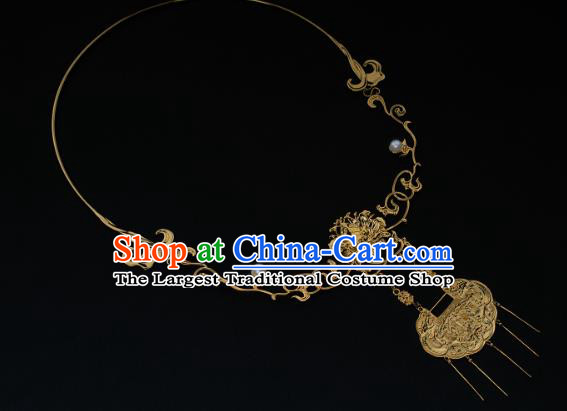 China Traditional Ming Dynasty Golden Tassel Necklace Jewelry Accessories National Longevity Lock Pendant