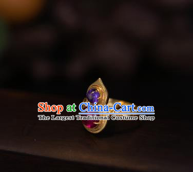 China National Golden Gourd Ring Jewelry Traditional Accessories Handmade Qing Dynasty Gems Circlet
