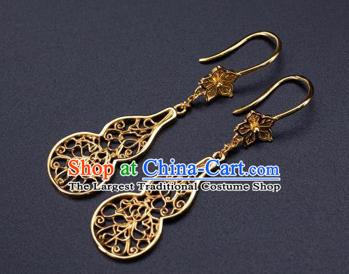 Chinese Ancient Queen Filigree Ear Jewelry Traditional Ming Dynasty Golden Gourd Earrings Accessories