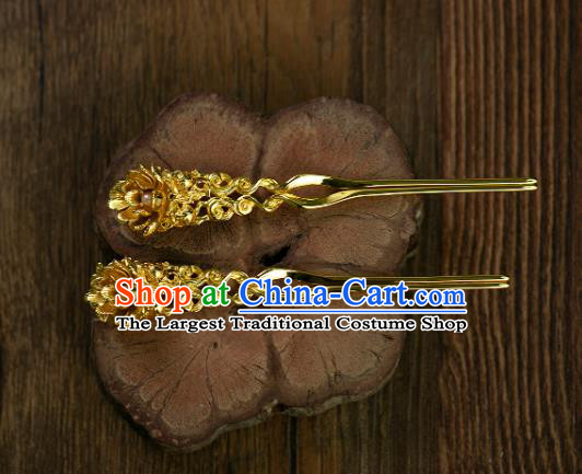 Chinese Ancient Court Woman Pearl Hair Stick Traditional Ming Dynasty Wedding Golden Hairpin