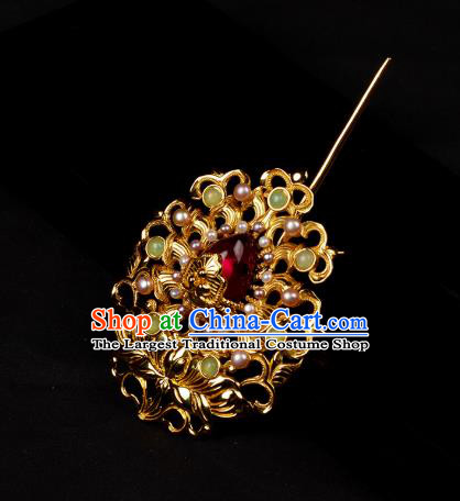 Chinese Ancient Hanfu Hair Accessories Golden Lotus Hairpin Traditional Ming Dynasty Pearls Hair Crown