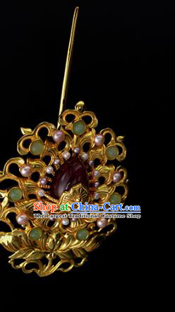 Chinese Ancient Hanfu Hair Accessories Golden Lotus Hairpin Traditional Ming Dynasty Pearls Hair Crown