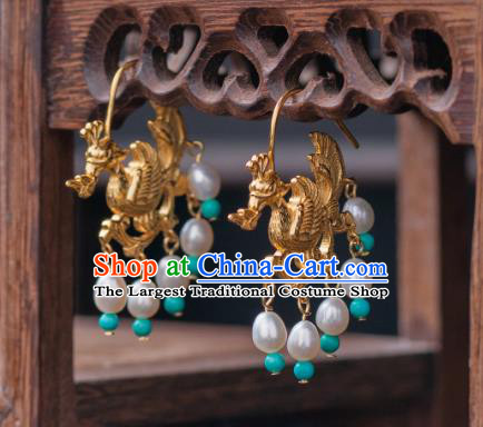 Chinese Ancient Song Dynasty Queen Pearls Ear Jewelry Traditional Empress Golden Phoenix Earrings Accessories