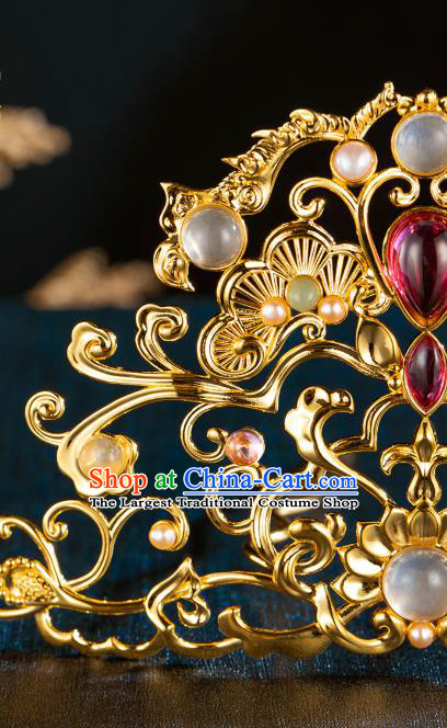 Chinese Traditional Tang Dynasty Golden Hair Crown Handmade Pearls Hairpins Ancient Wedding Hair Accessories