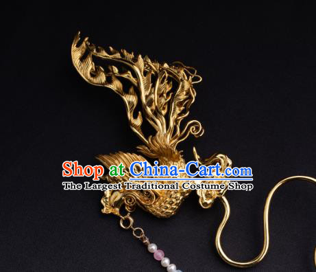 Chinese Ancient Empress Pearls Tassel Hairpin Handmade Hair Accessories Traditional Ming Dynasty Golden Phoenix Hair Stick