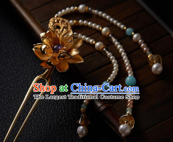 Chinese Traditional Tang Dynasty Golden Lotus Hair Stick Ancient Princess Pearls Tassel Hairpin