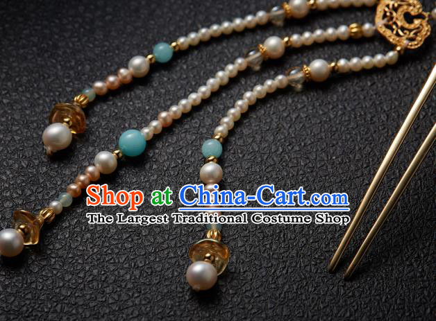 Chinese Traditional Tang Dynasty Golden Lotus Hair Stick Ancient Princess Pearls Tassel Hairpin