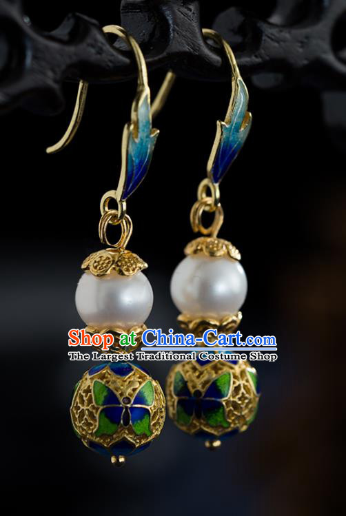 Chinese National Cheongsam Ear Jewelry Traditional Ming Dynasty Court Pearl Earrings Cloisonne Accessories