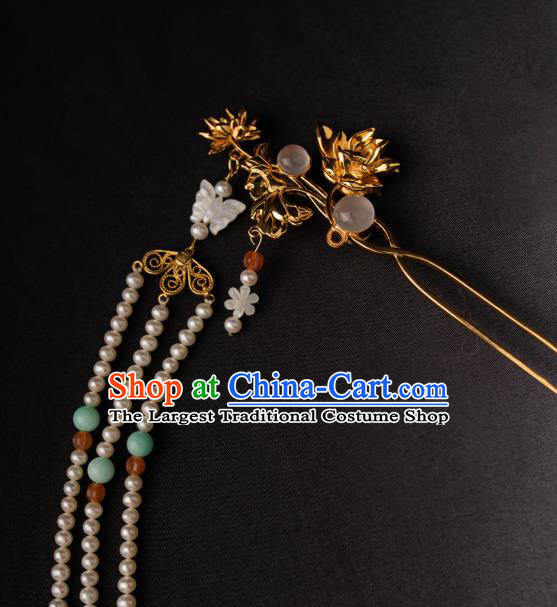 Chinese Ancient Song Dynasty Empress Golden Lotus Hairpin Traditional Hanfu Pearls Tassel Hair Stick