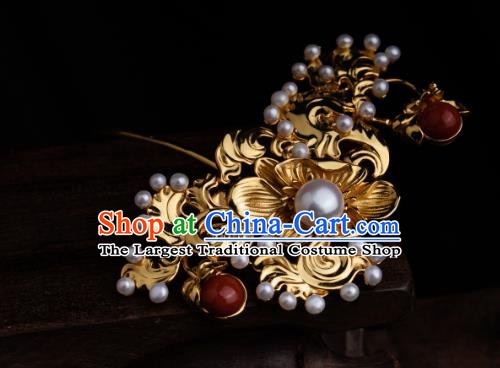 Chinese Ancient Ming Dynasty Princess Golden Hairpin Traditional Hanfu Pearls Hair Comb