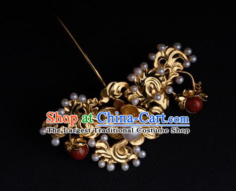 Chinese Ancient Ming Dynasty Princess Golden Hairpin Traditional Hanfu Pearls Hair Comb