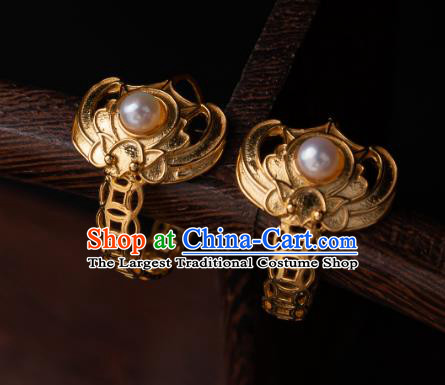 Chinese Traditional Qing Dynasty Empress Golden Bat Earrings Accessories Ancient Court Lady Pearls Ear Jewelry