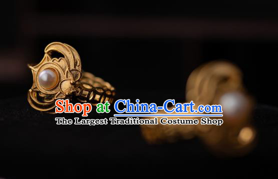 Chinese Traditional Qing Dynasty Empress Golden Bat Earrings Accessories Ancient Court Lady Pearls Ear Jewelry