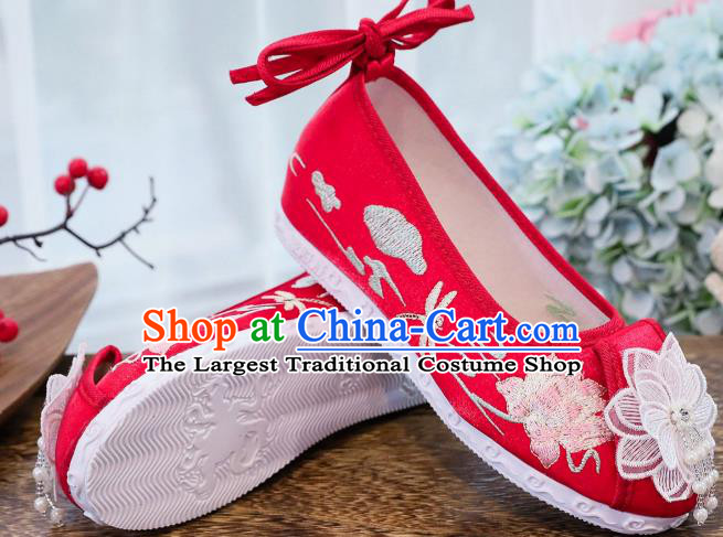 China Embroidered Lotus Shoes Traditional Hanfu Shoes Handmade National Red Cloth Shoes