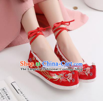 China Hanfu Bow Shoes Traditional Pearls Shoes Handmade National Shoes Embroidered Phoenix Red Shoes