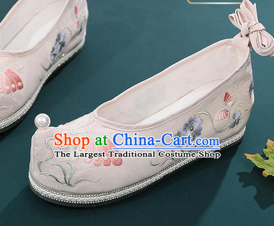 China Hanfu Bow Shoes Handmade National Light Pink Cloth Shoes Traditional Ming Dynasty Shoes Embroidered Butterfly Shoes