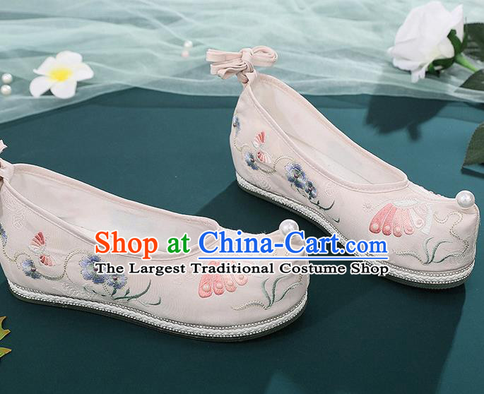 China Hanfu Bow Shoes Handmade National Light Pink Cloth Shoes Traditional Ming Dynasty Shoes Embroidered Butterfly Shoes