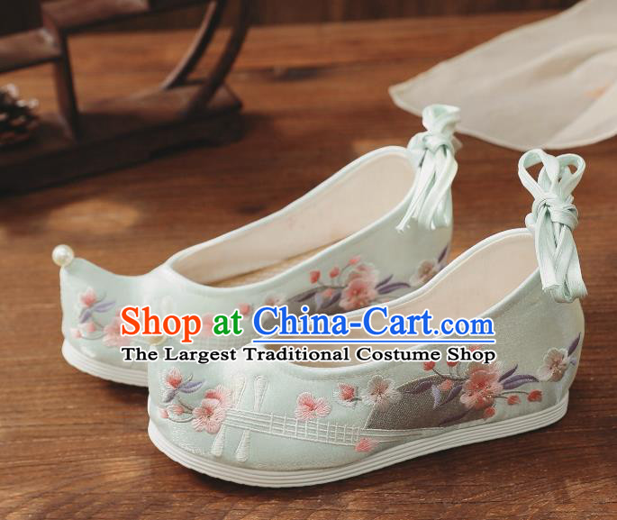 China Traditional Shoes Embroidered Shoes Handmade Hanfu Bow Shoes National Light Green Cloth Shoes