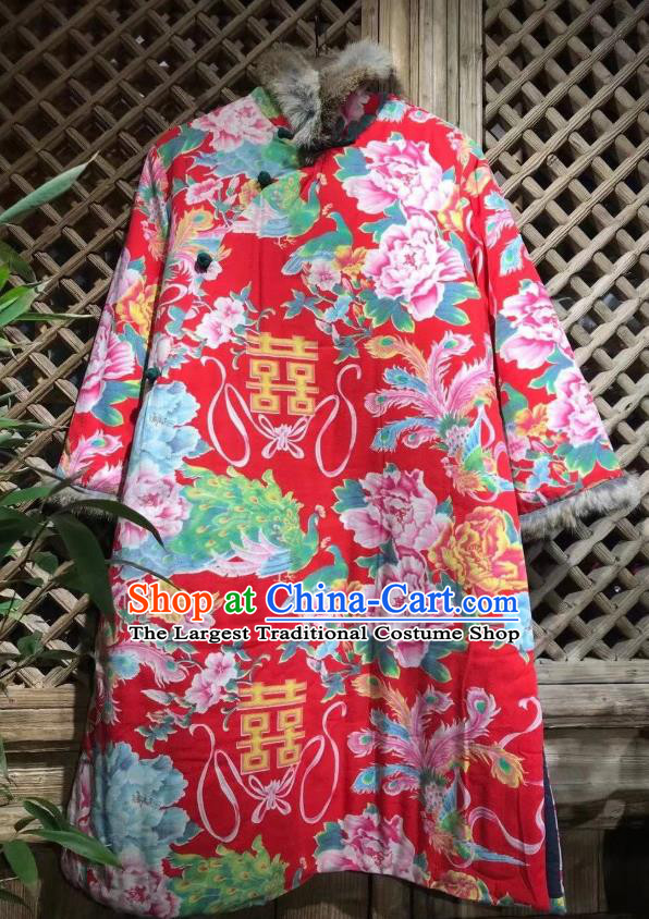 China Traditional Printing Phoenix Peony Red Cloth Jacket National Upper Outer Garment Wedding Costume