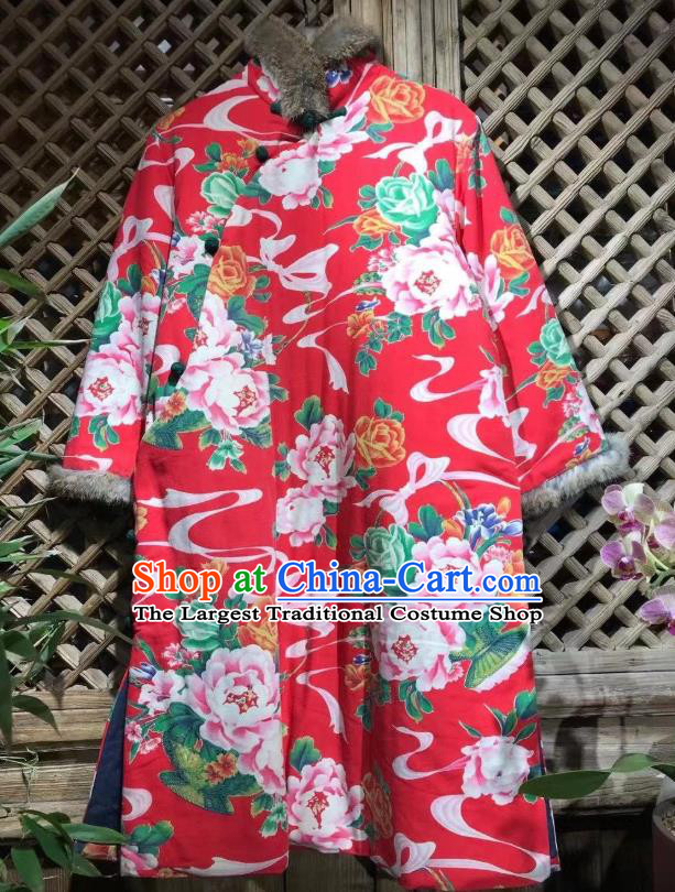 China Traditional Printing Peony Cotton Padded Jacket Upper Outer Garment National Costume