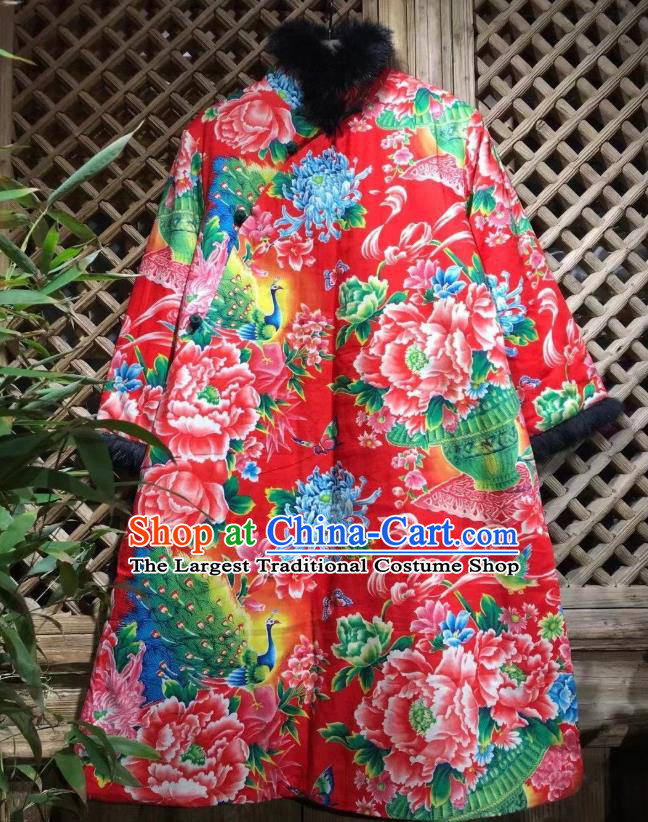 China Traditional Printing Peacock Peony Cotton Padded Coat National Wedding Upper Outer Garment Winter Costume