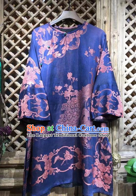 China Traditional Peacock Pattern Blue Silk Shirt National Upper Outer Garment Tang Suit Costume