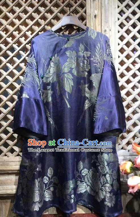China National Upper Outer Garment Tang Suit Costume Traditional Phoenix Peony Pattern Purple Silk Shirt