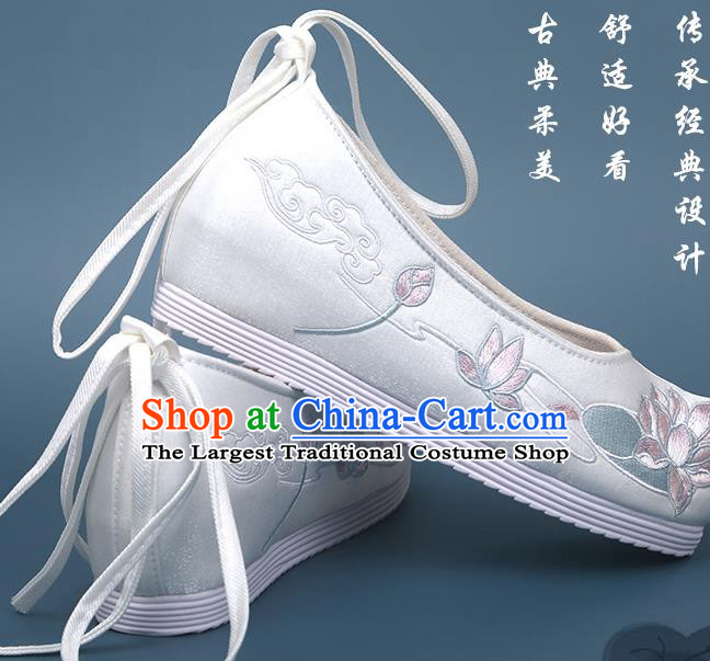 China Traditional Shoes Handmade National White Satin Shoes Embroidered Lotus Shoes Hanfu Bow Shoes