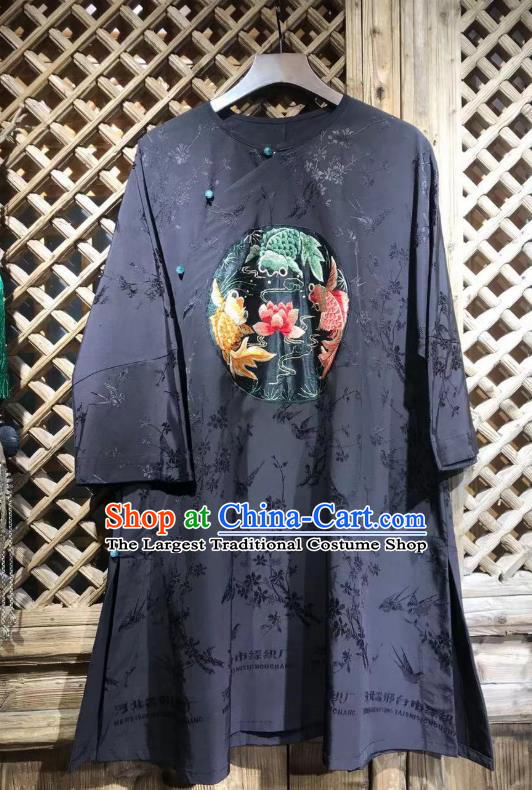 China Embroidered Lotus Fish Blouse National Tang Suit Upper Outer Garment Costume Traditional Navy Silk Shirt