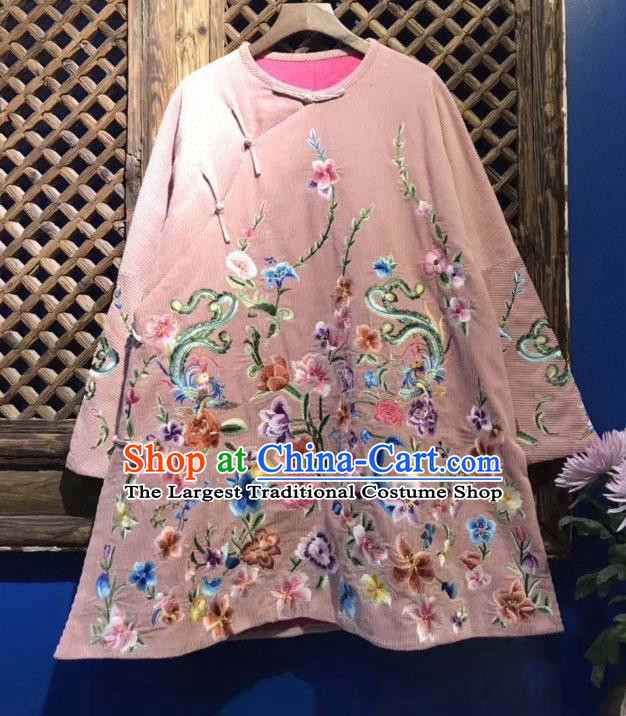 China Embroidered Flowers Cotton Padded Jacket Traditional National Tang Suit Upper Outer Garment