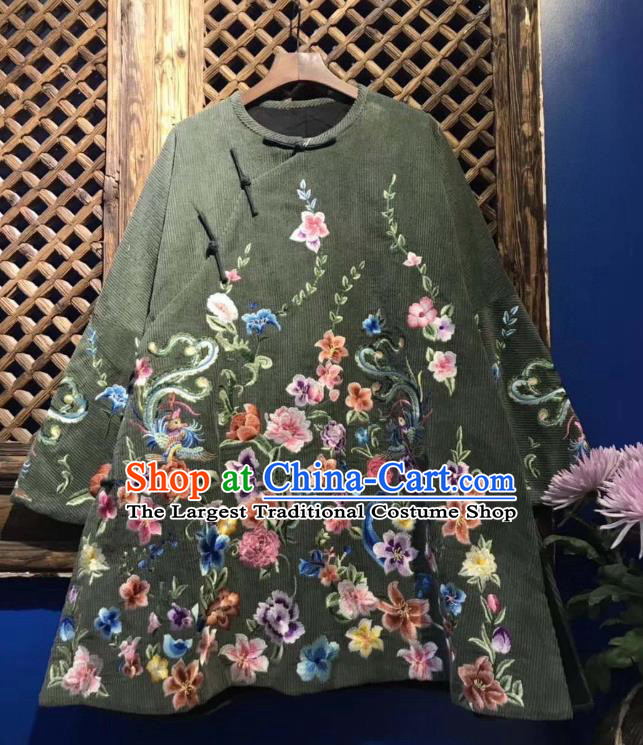 China Traditional Embroidered Flowers Cotton Padded Jacket National Tang Suit Upper Outer Garment Atrovirens Coat