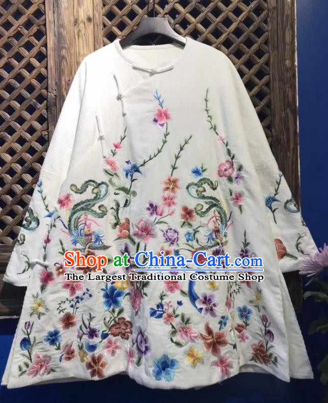 China National Tang Suit Upper Outer Garment White Coat Traditional Embroidered Flowers Cotton Padded Jacket