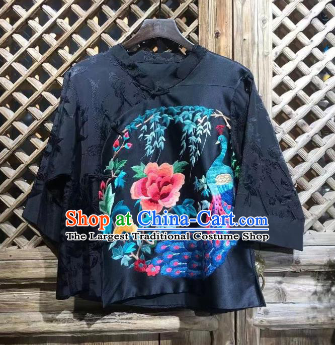 China Traditional Embroidered Peony Blue Peacock Silk Shirt National Tang Suit Blouse Upper Outer Garment