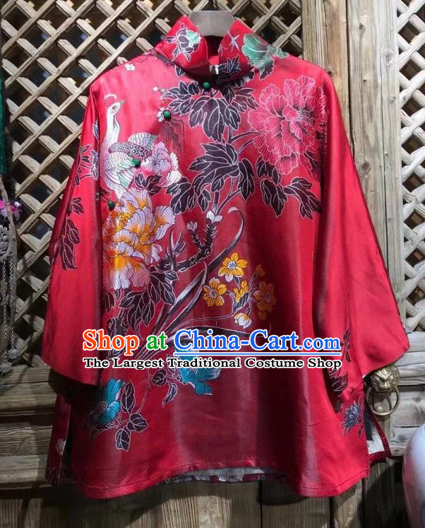 China Traditional Red Silk Jacket National Tang Suit Upper Outer Garment Classical Peacock Pattern Coat