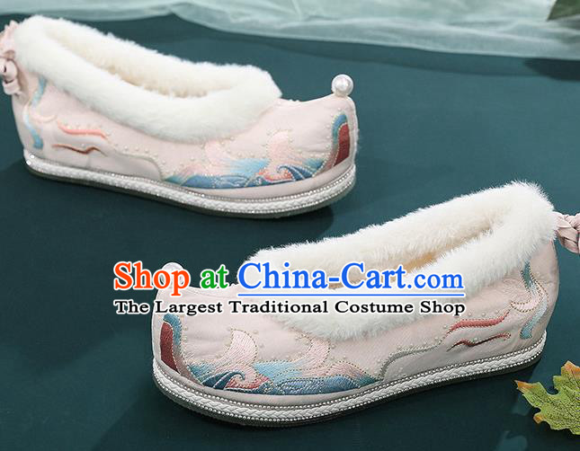 China Traditional Winter Shoes Handmade National Pink Cloth Shoes Embroidered Shoes Hanfu Bow Shoes