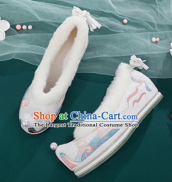 China Embroidered Shoes Hanfu Bow Shoes Traditional Winter Shoes Handmade National White Cloth Shoes