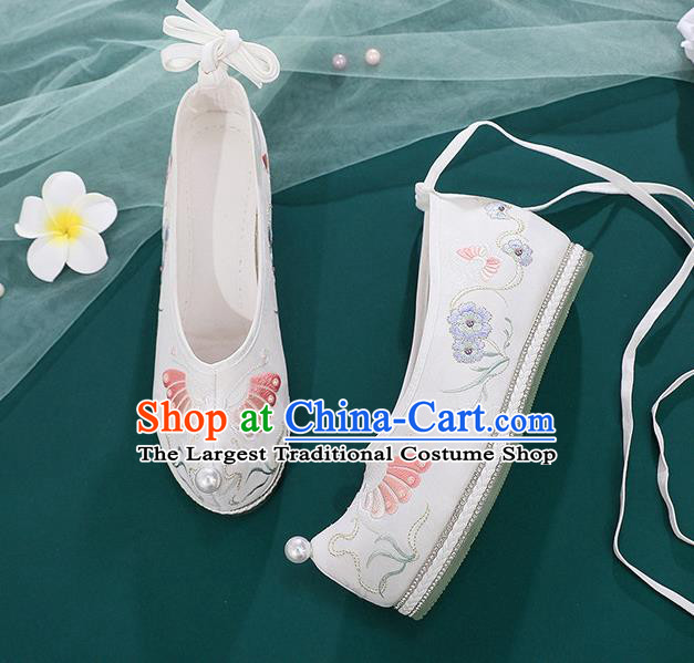 China Embroidered Butterfly Shoes Hanfu Bow Shoes Handmade National White Cloth Shoes Traditional Ming Dynasty Shoes