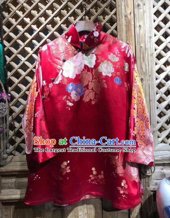 China National Tang Suit Upper Outer Garment Classical Peony Pattern Coat Traditional Red Silk Jacket